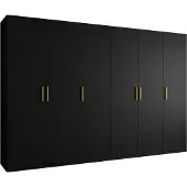 MEBLE KRYSPOL Schrank 300x202x52 cm mit Kleiderstange, 6xTür, BARI, Schwarz, Griff Gold
