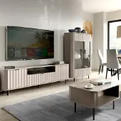 Lomadox Wohnzimmer-Set mit Lowboard & Highboard & Couchtisch in Taupe, Wellenoptik, 3-teilig - NASHVILLE-161