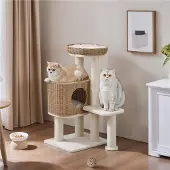 Yaheetech Rattan Kratzbaum Kletterbaum 91cm stabiler Katzenbaum mit Plattformen Katzenhöhle, Beige