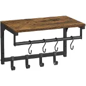 Vasagle Wandgarderobe mit Ablage Wandregal Garderobenständer mit 8 abnehmbaren Haken, wandmontiertes Hängeregal mit Kleiderstange, für Flur, Schlafzimmer, vintagebraun-schwarz LCR103B01