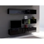 EURO-MEBLE Wohnwand CALABRINI-8 Wohnzimmer-Set Hängewohnwand Schrankwand TV-Schrank Moderne Anbauwand Hochglanz (Schwarz)