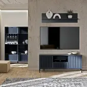 Lomadox Wohnwand Indigo blau LAURO-161 modern mit Rillenoptik 3-teilig