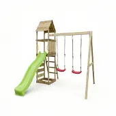Fungoo MaxPlay, Holzklettergerüst mit Spielturm, Doppelschaukel und Rutsche, mit Holzdach