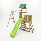 Fungoo MaxPlay, Holzklettergerüst mit zwei Spieltürmen, Doppelschaukel und Rutsche, mit Foliendach