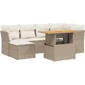 vidaXL 7-tlg. Garten-Sofagarnitur mit Kissen Beige Poly Rattan