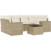 vidaXL 7-tlg. Garten-Sofagarnitur mit Kissen Beige Poly Rattan