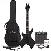 Gear4Music Harlem X Linkshänder E-Gitarre + 15-Watt-Verstärker mit Zubehör Schwarz