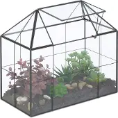 Relaxdays Pflanzenterrarium, Glas & Kupfer, 27x30x15 cm, Deko Glashaus Kakteen & Moos, Glaskasten Fensterbank, schwarz