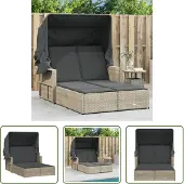 The Living Store Doppel-Sonnenliege mit Dach und Auflagen Hellgrau Poly Rattan
