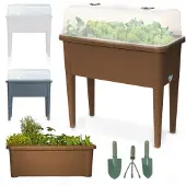 ONBEST Hochbeet Kunststoff | Coffee | mit Deckel | inklusive Gartenwerkzeug | 76x66,5x37cm (BxHxT)