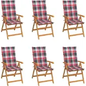 vidaXL Design Gartenstühle 6 Stk. Rote Karomuster-Kissen Massivholz Teak, Gartenstühle 2024 Neu