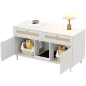 Merax Katzentoiletten-Schrank mit Sandfangmatte, Kommode mit Rattanschubladen, Katzenklo Schrank, 120x50x65 cm, Weiß