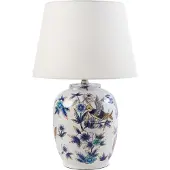 Beliani Tischlampe Weißer und blauer Porzellansockel Leinen-Trommelschirm mit floralem Muster Beleuchtung Stilvoll