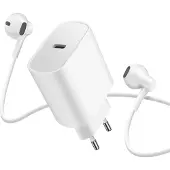 Avizar , USB-C Ladegerät 20 W Set mit 3,5 mm Kopfhörern und Mikrofon, Weiß