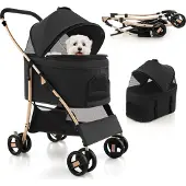 Costway 3in1 Hundewagen klappbar, Hundebuggy bis 15 kg mit Netzfenstern, Vordach, Träger, Korb Schwarz