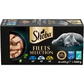 Sheba Filets Selection Weißfisch, Huhn-Thunfisch, Geflügel-Lachs Katzen-Nassfutter Multipack (Schale 60 g)