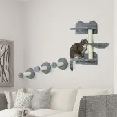 SUGIFT Katzen Kletterwand Set wandmontiert 4-tlg., Kletterstufen Kratzbaum Hängematte, Plüsch Sisal Spanplatte, Grau | 40 x 28 x 73 cm | 8 kg | für Katzen