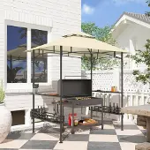 SUGIFT Grill-Pavillon BBQ-Zelt mit Doppeldach, Grillzelt Gartenpavillon Polyester, 2 Regale & Körbe, Beige | 240x150x257 cm | Stahl-Gestell | 25,5 kg