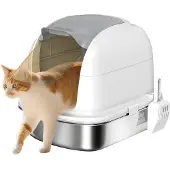 PawHut Katzenklo Edelstahl mit Deckel, Katzentoilette mit Wanne, Streuschaufel