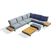 DCB Groupe VANUATU-S1 Eck-Lounge-Set modular für 6 Personen, Anthrazit-Aluminium & Akazie, 2 x 3-Sitzer Chaise-Loungers, mit Kaffeetisch und Kissen