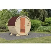 Karibu Saunahaus Außensauna Saunafass Fasssauna 1 unbehandelt ohne Ofen im Set mit 4 Paketen Rechteckschindeln dunkelrot 38mm Massivholz 224x178x229 cm