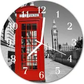 Tulup Glasuhr Wanduhr Küchenuhr Echt-Glas 30fi cm Rote Telefonzelle rot