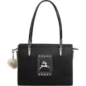 Sima Trachtentasche aus Leder mit Hirschmotiv und Kunstfellanhänger, Schwarz/Braun