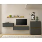 Lomadox Wohnwand anthrazit mit Eiche CRISP-61 modern 4-teilig mit Homeoffice-Lösung