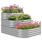 Outsunny Hochbeet aus Metall, 3-stufig Pflanzkasten, DIY Blumenkasten für Garten