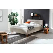 Meise Stauraumbett Lotte 140x200 cm | Bettkasten & Lattenrost | Webstoff Beige | Holzfuß eichefarbig