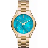 Michael Kors MK3492 Slim Runway 42mm Goldfarbene Edelstahl Damenarmbanduhr mit blauen Zifferblatt