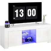HOMCOM TV-Schrank mit LED-Beleuchtung, 2 Türen, Glasregal, Kabellöcher, Weiß