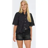 ONLY Spitzenbluse "ONLVALAIS S/S SHIRT WVN NOOS", Damen, Gr. XS, schwarz, Web, Obermaterial: 100% Baumwolle, unifarben, loose fit normal, gewellter Abschluss, Blusen Spitzenbluse, Baumwolle, loose fit