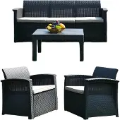 Relaxdays Gartenmöbel Set, 4-teilige Rattan Sitzgruppe, 5 Personen, Bank, Sessel & Tisch, Loungemöbel, outdoor, schwarz