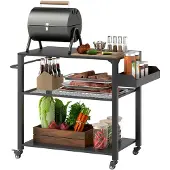 Outsunny Grillwagen 3-Etagen Servierwagen mit Arbeitsfläche Ablagen Räder, BBQ