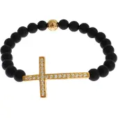 Nialaya Matte Onyxstein Gold CZ Kreuz 925 Silberarmband