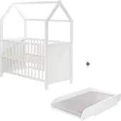 Roba Hausbett 60 x 120 cm inkl. passender Wickelplatte zum Aufsetzen, Baby- & Beistellbett in Hausoptik, weiß, 6-fach verstellbar