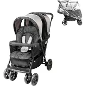 Bambisol Doppelkinderwagen – Komplett ausgestattet – Inklusive Regenschutz – Leicht zusammenklappbar