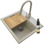 Granitan - Granitspüle - Spülbecken 56,5x50,5 cm - Küchenspüle Beige - mit Armatur und Siphon - FOXAL