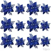 Crrynuo 12 künstliche Weihnachtsblumen, Weihnachtsbaumblumen, Christbaumschmuck, künstliche Weihnachtsblumen (Blau)