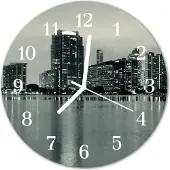 Tulup Glasuhr Wanduhr Küchenuhr Echt-Glas 30fi cm Skyline grau