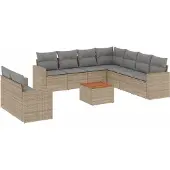 vidaXL 10-tlg. Garten-Sofagarnitur mit Kissen Beige Poly Rattan
