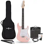 Gear4Music LA-E-Gitarre Rosa im Bundle mit 10-Watt-Verstärker und Zubehör