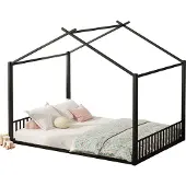 Xdovet 140*200cm Flachbett(Schwarz)Eisenrahmenbett, Kinderbett, Hausleiste