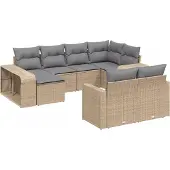 vidaXL 10-tlg. Garten-Sofagarnitur mit Kissen Beige Poly Rattan