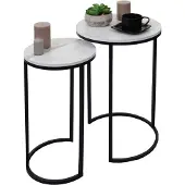 MCW 2er-Set Beistelltisch MCW-K46, Kaffeetisch Nachttisch Loungetisch, Marmor-Optik MDF weiß-schwarz