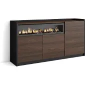 Skraut Home Sideboard, Highboard, 156x37x80cm, 3 Türen, Elektrokamin., Dunkler Eiche und Schwarz