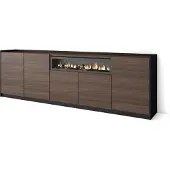 Skraut Home Sideboard, Highboard, 260x37x80cm, 5 Türen, Elektrokamin., Dunkler Eiche und Schwarz