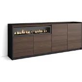 Skraut Home Sideboard, Highboard, 207x37x80cm, 4 Türen, Elektrokamin., Dunkler Eiche und Schwarz
