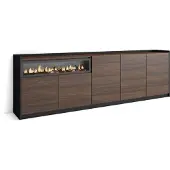 Skraut Home Sideboard, Highboard, 260x37x80cm, 5 Türen, Elektrokamin., Dunkler Eiche und Schwarz